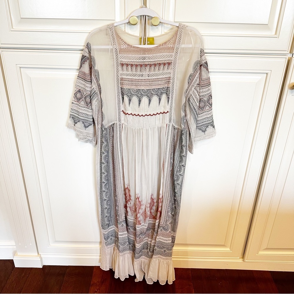 Anthropologie Maeve Toronto Womens Boho Embroider Peasant Midi Dress Bell Sleeve - Picture 5 of 13